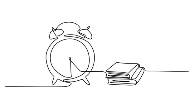 continuo línea dibujo de un reloj y libros vector