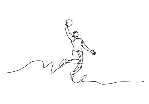 One Line Drawing of a Basketball Player Slam Dunking vector