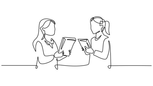 One Line Drawing of Students Exchanging Books and Collaborating vector