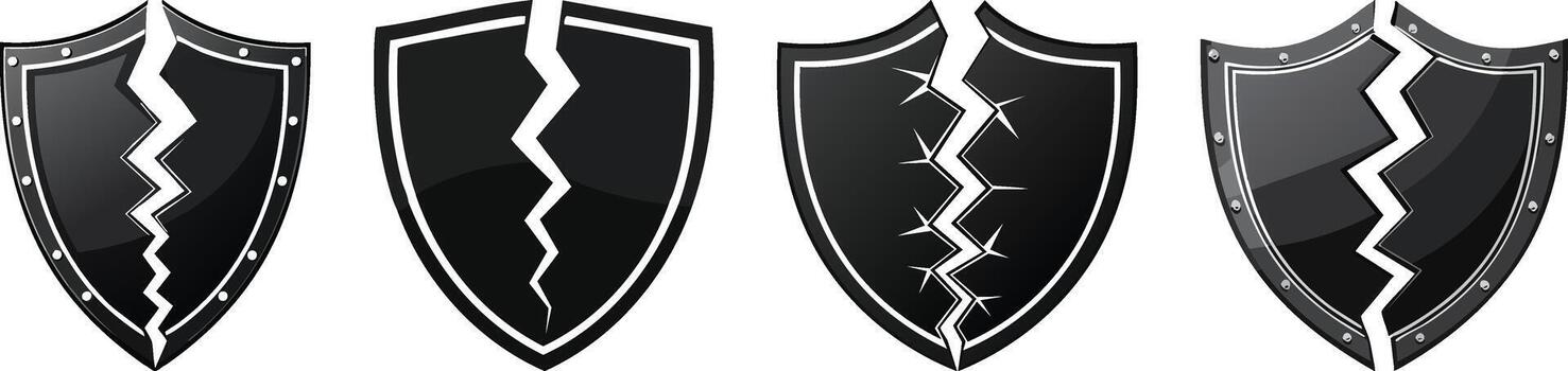 Broken security shield icon illustrating failure and vulnerability in bold outlined style representing digital breach themes vector