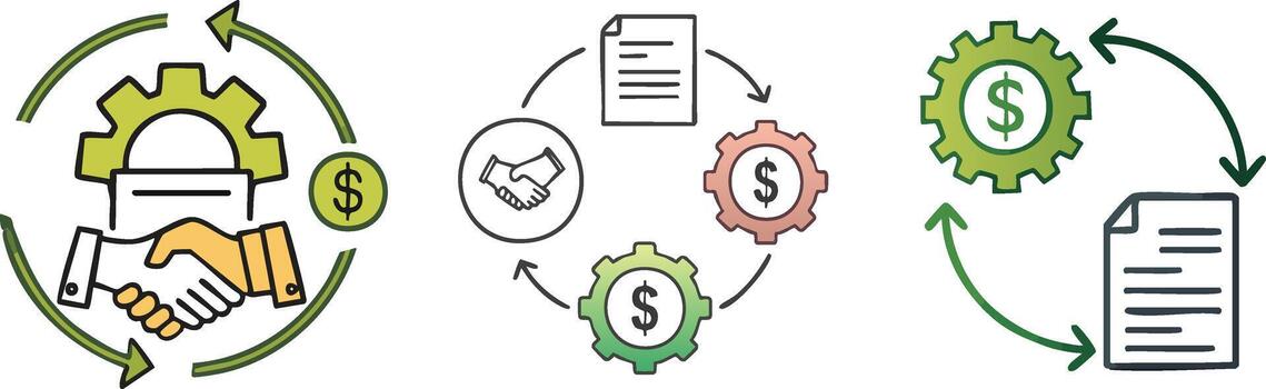 Connected cog wheels with document and dollar symbol forming seamless black line icon representing business workflow vector