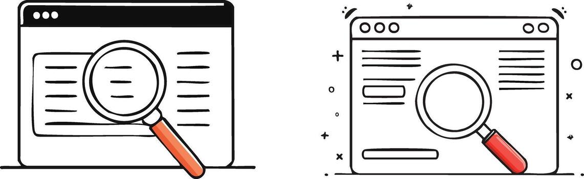 Cute doodle browser window illustration showing magnifying glass searching online content with playful minimalist styling vector