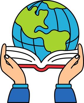 two hands holding a open book with a globe in the middle vector