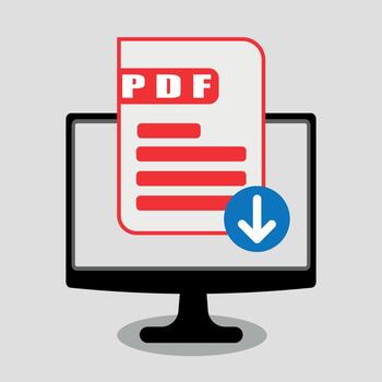 Computer screen displaying a PDF document with a download icon, representing digital file sharing and document management vector
