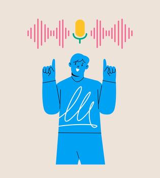 Man pointing sound wave from microphone. Colorful illustration vector