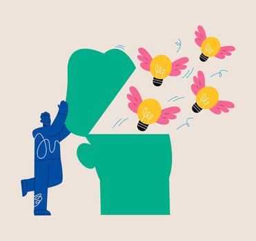 Man open brainto develop and generate new ideas. Open mind to new ideas and knowledge. Colorful illustration vector