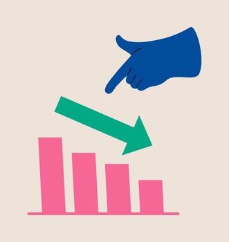 Hand pointing at a declining graph. Colorful illustration vector
