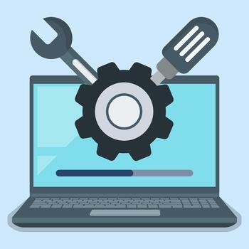 Laptop with gear, wrench, and screwdriver, representing system maintenance, software update, technical support, and computer repair concept vector