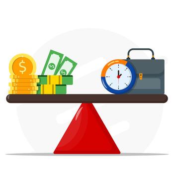 Economic balance in investment concept. Showing clock, briefcase and stacks coin dollar balanced on a swing. Time value of money and exchange rates. vector
