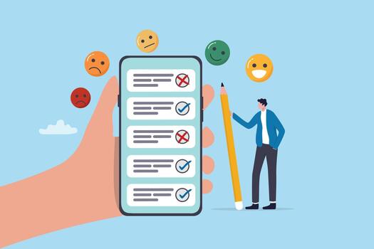 Online survey feedback, client or customer satisfaction review, mobile application, website for quality questionnaire, evaluation concept, businessman giving feedback on online survey on smartphone. vector