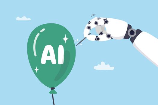 ai valores mercado burbuja chocar, incertidumbre en frágil inflado especulación, peligro en vulnerable recesión advertencia, artificial inteligencia robot mano utilizando aguja a Estallar ai globo burbuja. vector