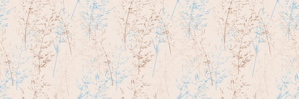 Seamless pattern with delicate abstract botanical stems in soft beige, brown and light blue tones on a cream background, creating an airy, elegant and nature inspired decorative design vector