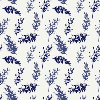 Seamless pattern featuring scattered botanical stems in deep navy and soft blue tones on a light background, creating a clean, elegant and nature inspired decorative design vector