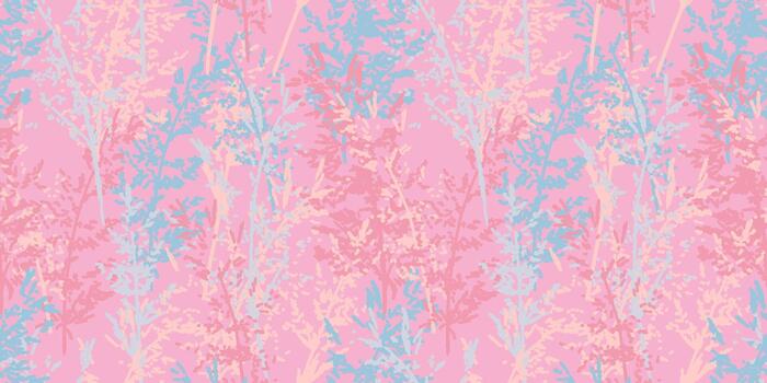 Seamless pattern with soft abstract botanical stems in pastel pink, peach and light blue tones, creating a gentle, airy and romantic nature inspired decorative design vector