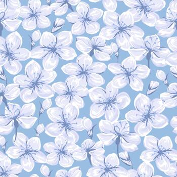 sin costura modelo con delicado blanco flores en un suave azul antecedentes. mano dibujado floral textura creando un fresco, aireado y elegante botánico diseño para textiles y decoración vector