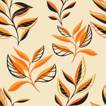 Seamless pattern featuring vibrant orange and yellow stylized leaves with bold black accents on a soft beige background. Modern botanical design with dynamic, flowing shapes vector