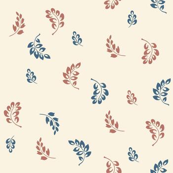 Seamless pattern with minimalist botanical sprigs in muted terracotta and deep blue on a soft cream background. Elegant modern design for textiles, packaging, stationery and decor vector