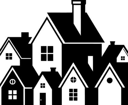 negro y blanco gráfico de superposición casas con ventanas y chimeneas hogar edificio vector