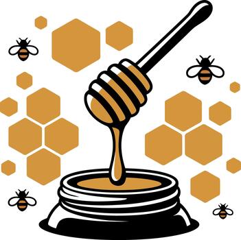 Honey dipper dripping golden honey into jar with bees and hexagons honeycomb vector