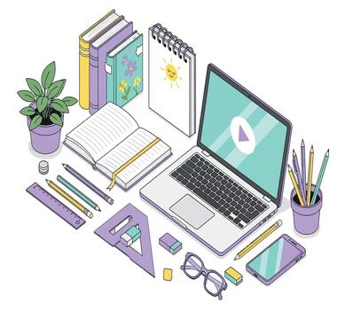 Isometric view of a work and study space with a laptop, books, notebooks, stationery, and a plant, creating a productive and organized environment isolated on white vector