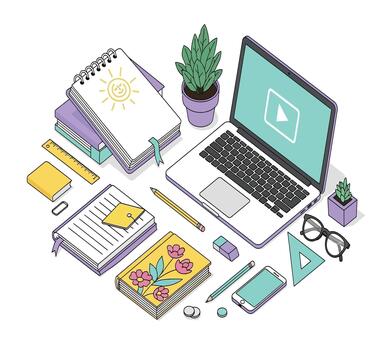 view of a work and study space with a laptop, books, notebooks, stationery, and a plant, creating a productive and organized environment isolated on white background vector