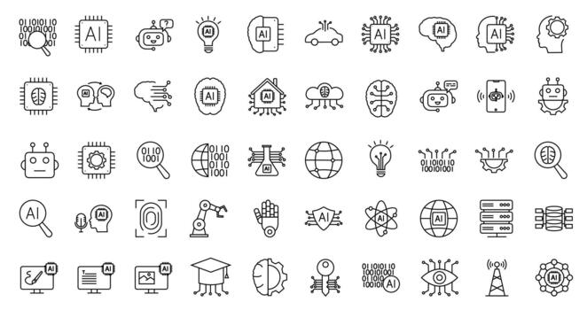 artificial inteligencia íconos conjunto en línea estilo. neural, red, automatización, tecnología, virtual, aprendiendo, asistente, máquina, robot, bot, cerebro y más. vector