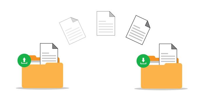 Data transfer concept, backup files, document stored in cloud technology, upload and download process. vector