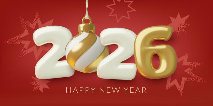 2026 New Year banner with 3d numbers Christmas ornament and abstract fireworks on red background vector