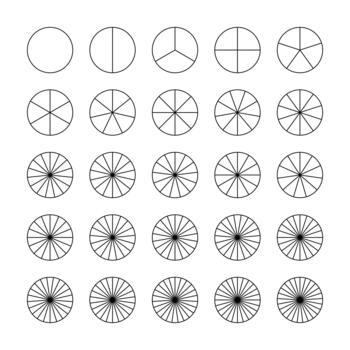 partes de diagrama rueda desde 1 a 25 tarta gráfico modelo. entrenamiento blanco. segmentario cartas sectores dividir el circulo en igual partes. negro contorno gráficos. tarta gráficos, Pizza cartas colocar. segmentos vector