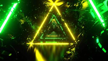 gul och grön neon triangel tunnel med träd grenar bakgrund vj slinga i 4k video