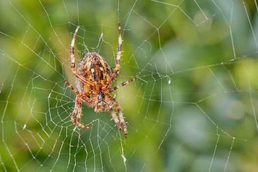 el nuez tejedor de orbes araña. de cerca de un araña en un web en contra difuminar frondoso antecedentes. un ocho patas nuez orbe tejedor araña haciendo un telaraña en naturaleza rodeado por verde arboles foto
