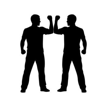 Silhouette of two men facing each other with fists raised. vector
