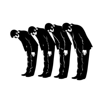 Group of businessmen bowing in unison, representing respect and hierarchy. vector