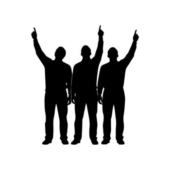 Silhouette of three men pointing upwards with their index fingers. vector
