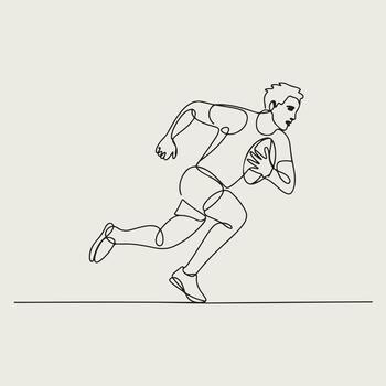 continuous line drawing of rugby player running with ball vector
