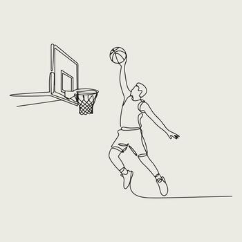 continuous line drawing of a basketball player dunking the ball vector