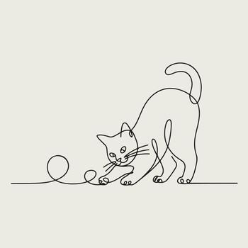continuous line drawing of a cat playing with a ball vector