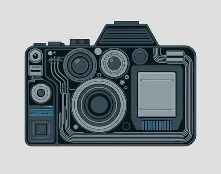 Cutaway View of Digital Camera with Detailed Lens and Internal Components vector