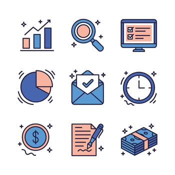 business finance and data analytics color line icon set vector