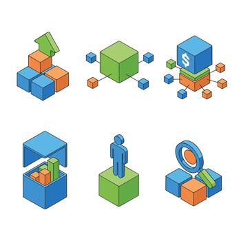 isometric data cube and business analytics icon set vector