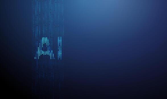 Vertical streams of blue dots with letters AI at the center. Data flow, computational pattern, technology visualization, network analysis, intelligent systems concept. vector