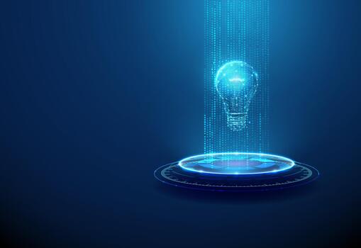 neón podio con vertical corrientes de azul digital puntos y ligero bulbo. idea generación, innovación, creatividad, analítica, tecnológico Progreso concepto. vector