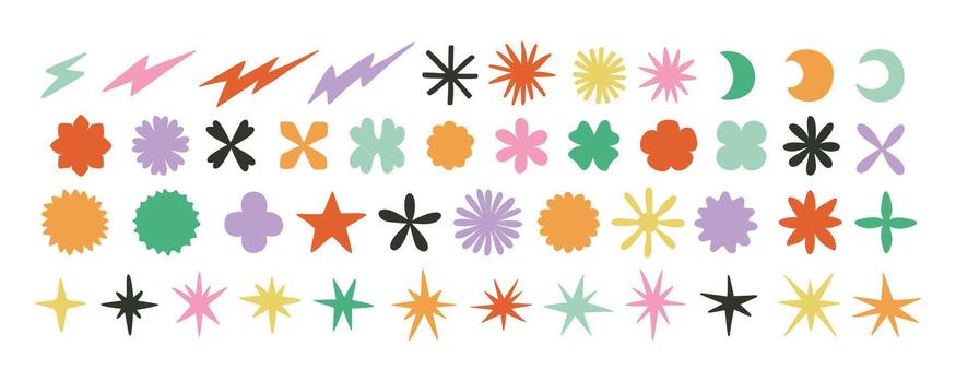 Y2K Minimalist retro Geometric Shapes Set. Stars, Flowers and Circles with ZigZag Edge. Hand drawn Symbols, Labels and Icons. vector