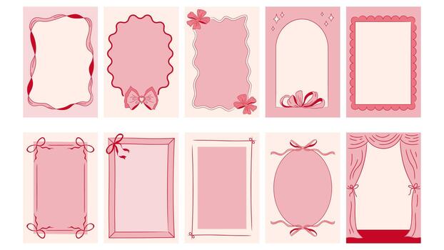 Coquette decoration with bows and ribbons, rectangular pink and red frames vector