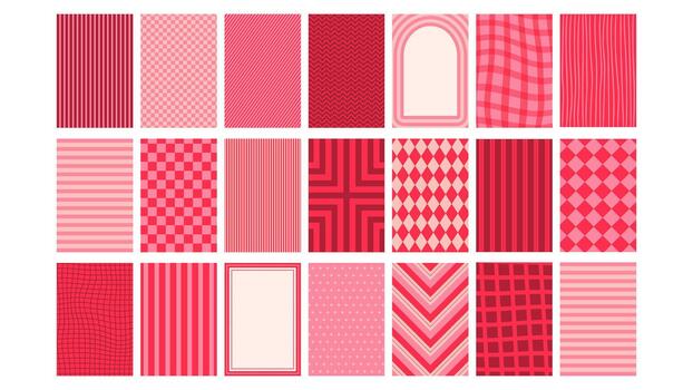 rosado y rojo caprichoso patrones. retro patrones con tableros de ajedrez, rombos, y rayas en el estilo de el 1950 rectangular antecedentes para nostálgico diseños vector