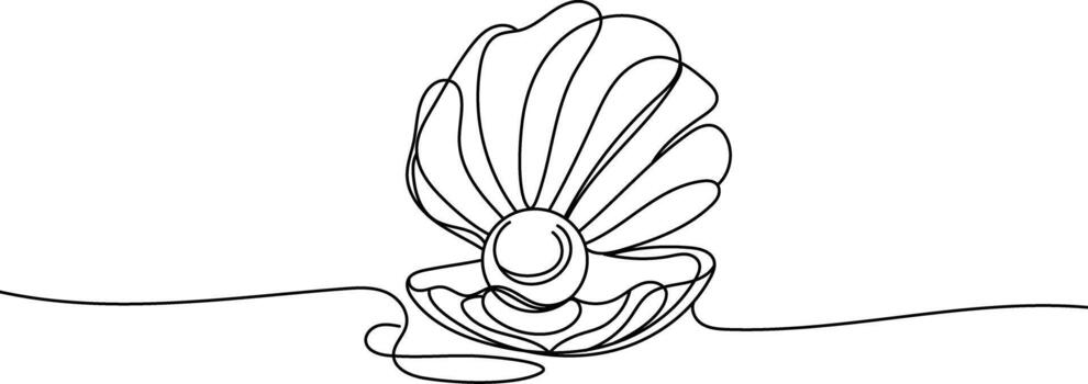 minimalista uno línea ilustración de un abierto concha con un perla. continuo línea Arte Perfecto para logotipos, huellas dactilares, embalaje, y moderno diseños vector