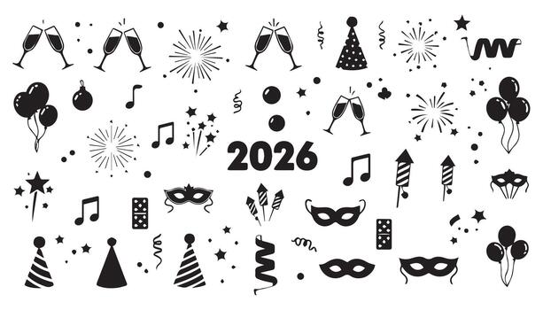 A celebratory pattern with new year elements like fireworks, balloons, and party hats for the year 2026 vector