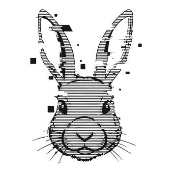 Stylized rabbit head with glitch effect and horizontal lines vector