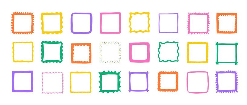 Square frames with scalloped edges. Wavy shapes, and funky geometric text box frameworks. Curved photo borders with a zigzag edge. vector