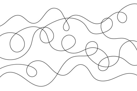 Continuous wavy thread drawing, curly squiggly cable pattern in chaotic abstract linear vector